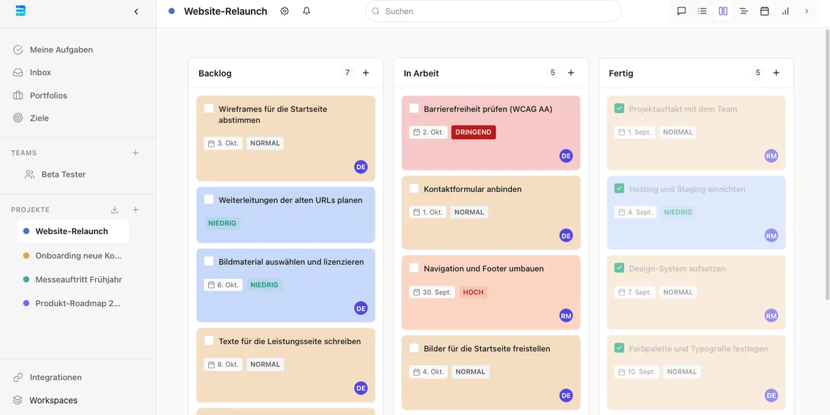 odoso im Browser: Board eines Projekts mit den Spalten Backlog, In Arbeit und Fertig